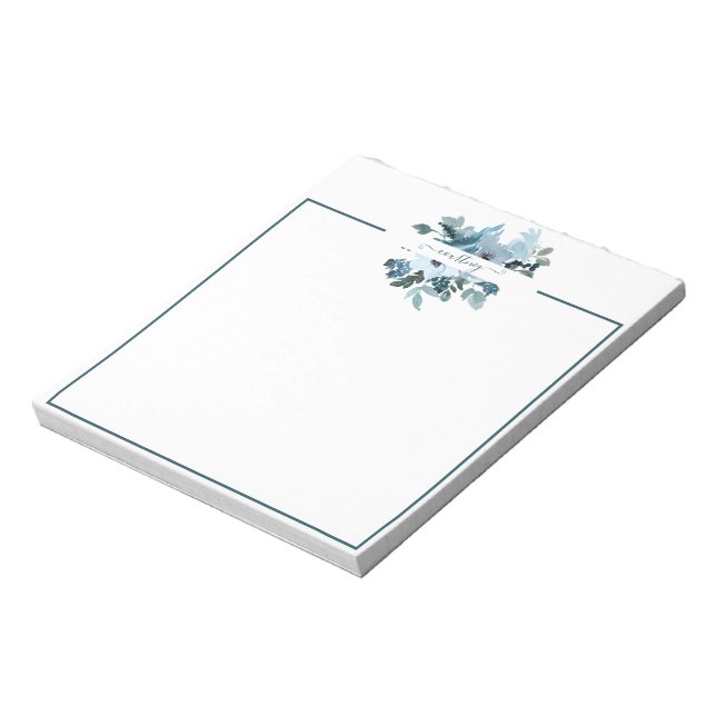 Bloc-note Turquoise et bleu aquarelle floral personnalisé (Tourné)