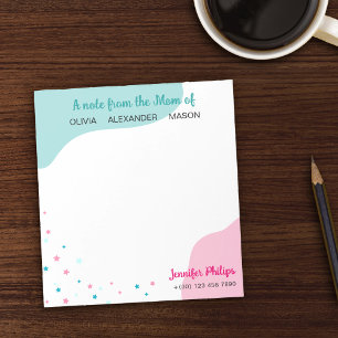 Bloc-note Turquoise rose étoiles Une note de la maman de