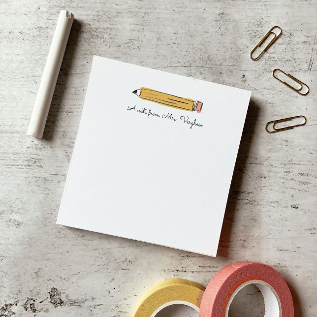 Bloc-note Un mot de la part du professeur Note au crayon (A note from the teacher - Illustrated pencil personalized custom notepad.)