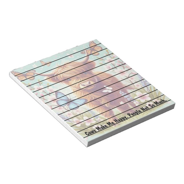 Bloc-note Vache Highland avec papillons et fleurs printanièr (Incliné)