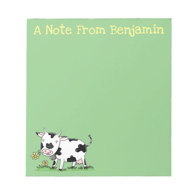Bloc-note Vache mignonne en vert dessin animé sur le terrain (Devant)