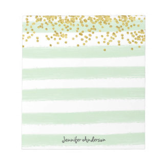 Bloc-note Vert Menthe Moderne Rayé Confettis Dorés Personnal