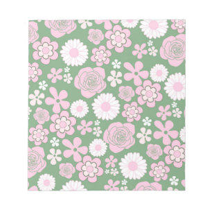 Bloc-note Vert rose blanc rétro Y2K les années 70 Fleur Moti