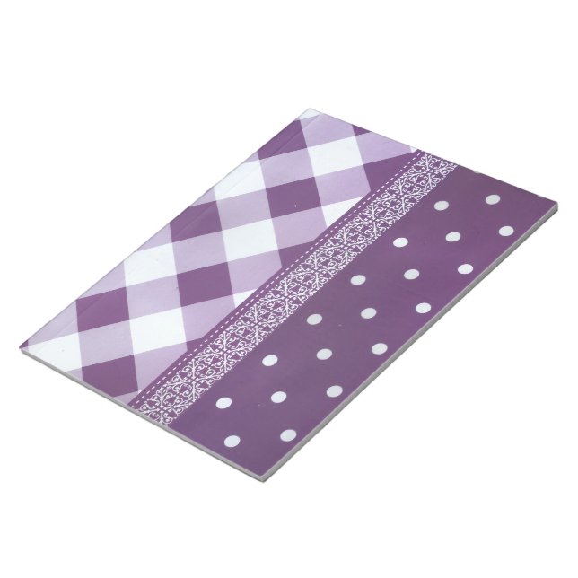 Bloc-note Violet blanc À damiers Polka Dot Floral Damask Art (Incliné)