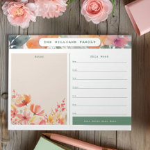 Watercolor Floral Weekly Family Calendrier et note