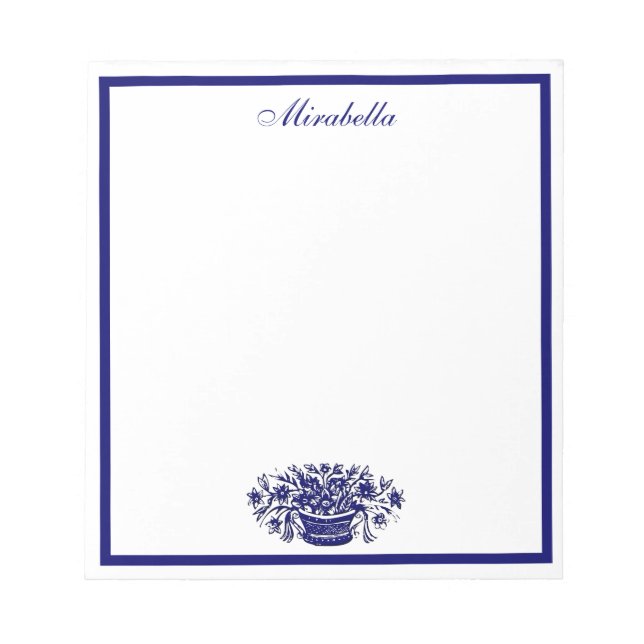Bloc-notes bleu et blanc floral personnalisé (Devant)