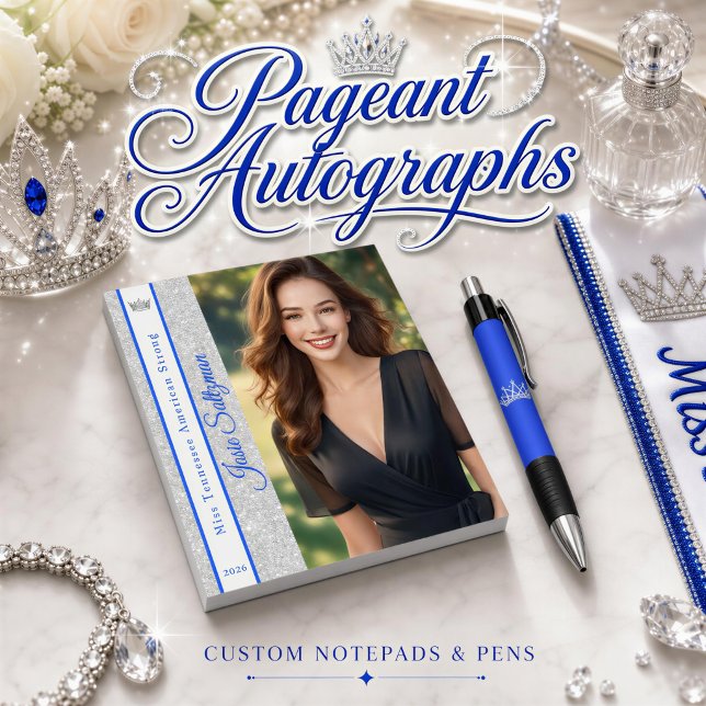 Bloc-notes d'autographe à ruban pailleté argent (Complete your pageant brand with a custom photo notepad and pen set for autographs at pageants)