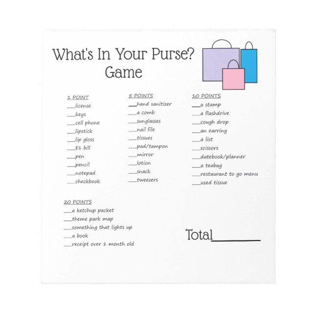 Bloc-notes de jeu "What's in Your Purse" (Devant)