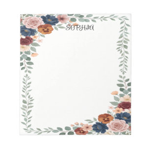Bloc-notes personnalisé bleu marine floral Boho