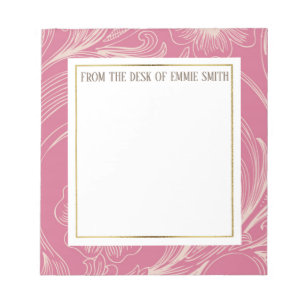 Bloc-notes personnalisé rose floral blanc et or