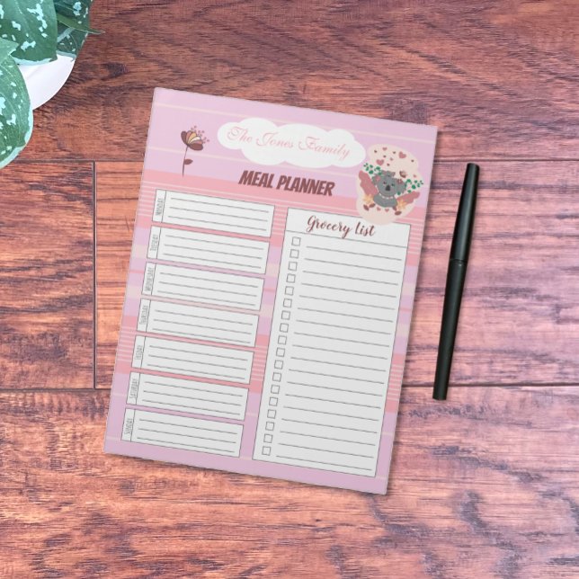 Bloc-notes Pink Family Repas Planner avec Koala (Pink family meal planner notepad designed to help new mom stay organized .)