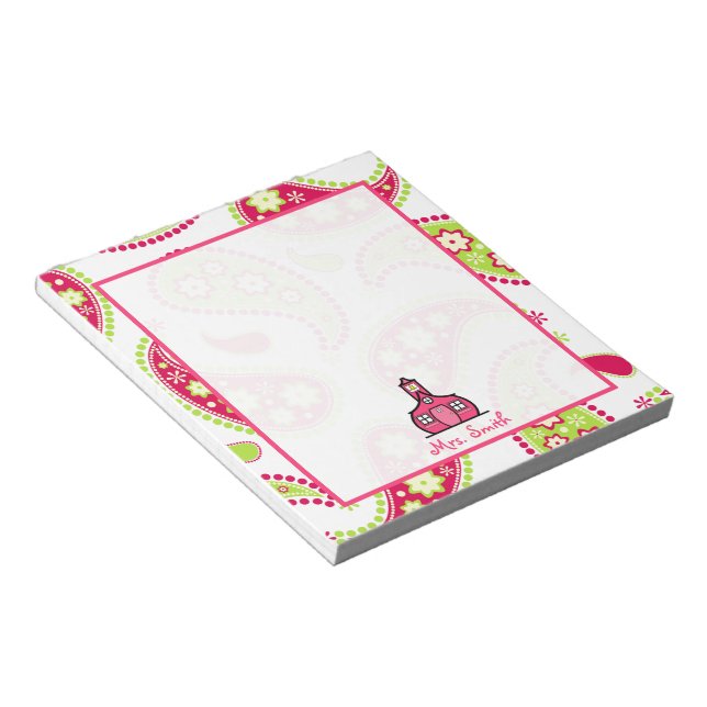 Bloc-notes pour enseignant rose et vert Paisley (Incliné)