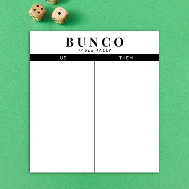 Bloc-notes simple noir et blanc de table Bunco (modern tear-off notepad Bunco score card with black and white graphic accents)