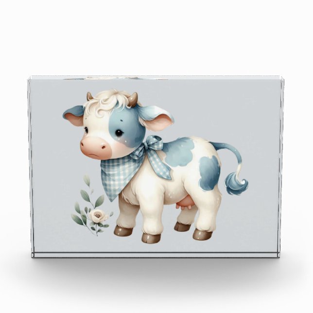 Bloc Photo Bébé vache à carreaux bleus esthétique de ferme pa (Devant)