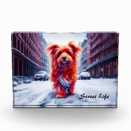 Bloc Photo Chien rouge marchant dans la rue d'hiver enneigée