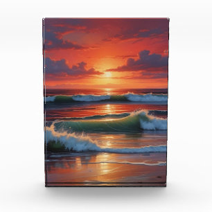 Bloc Photo Coucher Rouge Océan Peinture de paysage marin