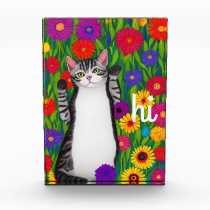Bloc Photo Cute Folk Art Chat disant Hi parmi les fleurs