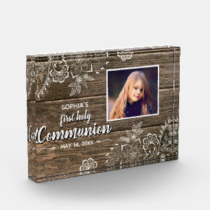 Bloc Photo Dentelle rustique en bois Première sainte Communio