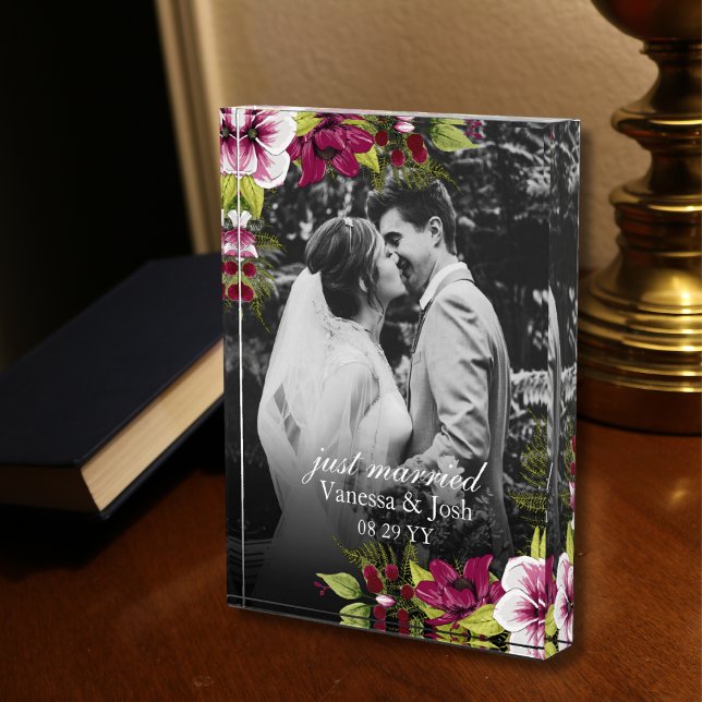 Bloc Photo Élégant Juste Marié Magenta Green Mariage Floral (Créateur téléchargé)