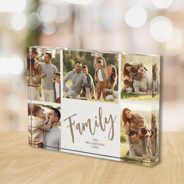 Bloc Photo Family Five Photos Collage Photo Block (Personalized acrylic photo block  5" x 7" and 1" thick, stands without support on flat surface.)