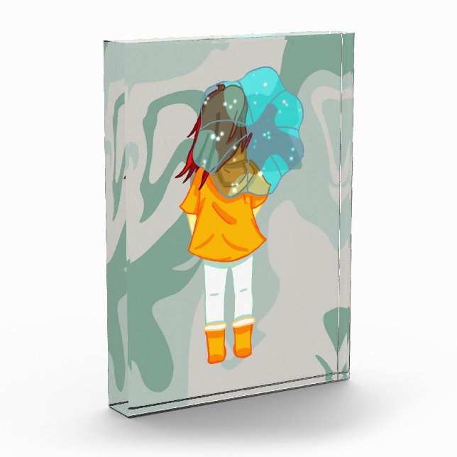 Bloc Photo Fille avec parapluie dans le vent pluie verte (Gauche)