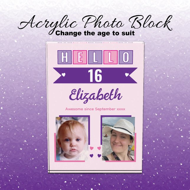 Bloc Photo Hello 16 (any age) name est date pink purple (Créateur téléchargé)