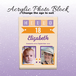 Bloc Photo Hello 18 (any age) name est date orange purple