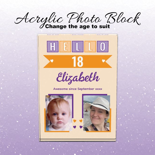 Bloc Photo Hello 18 (any age) name est date orange purple (Créateur téléchargé)