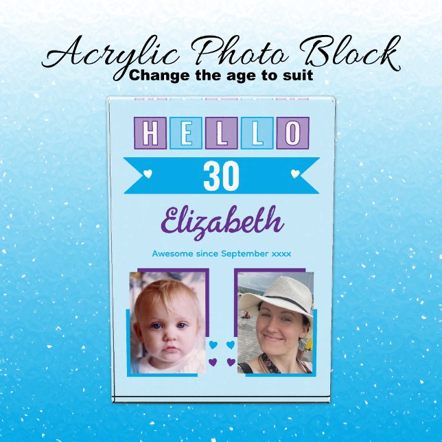 Bloc Photo Hello 30 (any age) name est date blue purple (Créateur téléchargé)