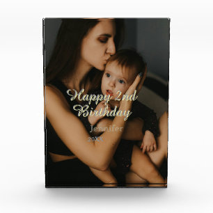 Bloc Photo Joyeux 2e anniversaire enfants bébé mère jaune gri