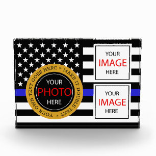 Bloc Photo Ligne Bleue Mince & Police américaine du Drapeau /