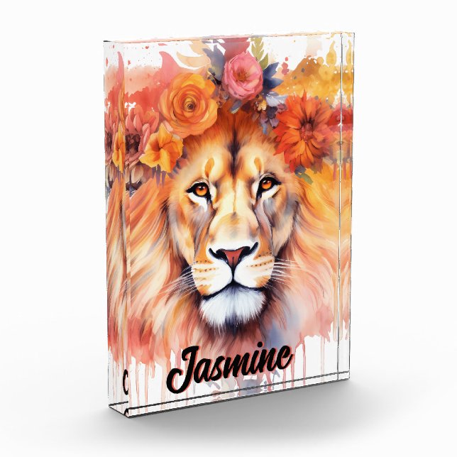 Bloc Photo Lion Pastel Fleurs Safari Aquarelle Savannah Chat (Gauche)