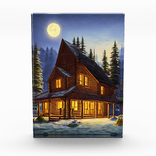 Bloc Photo Log Cabine Dans Les Bois Paysage Neige Art (Devant)