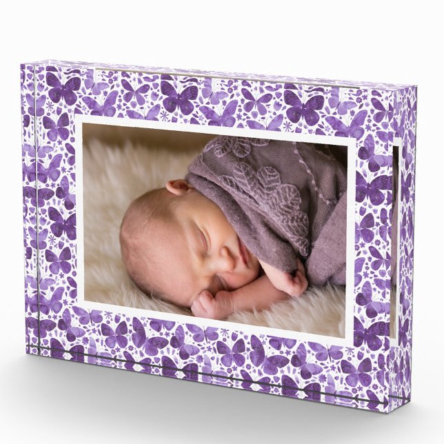 Bloc Photo Motif aquarelle papillon (Purple watercolor butterfly pattern acrylic photo block)