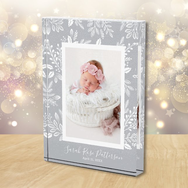 Bloc Photo Nom classique personnalisé (White leaves and dots on pale gray personalized custom photo acrylic block)