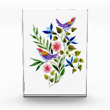 Oiseaux Fleurs roses et bleues Aquarelle
