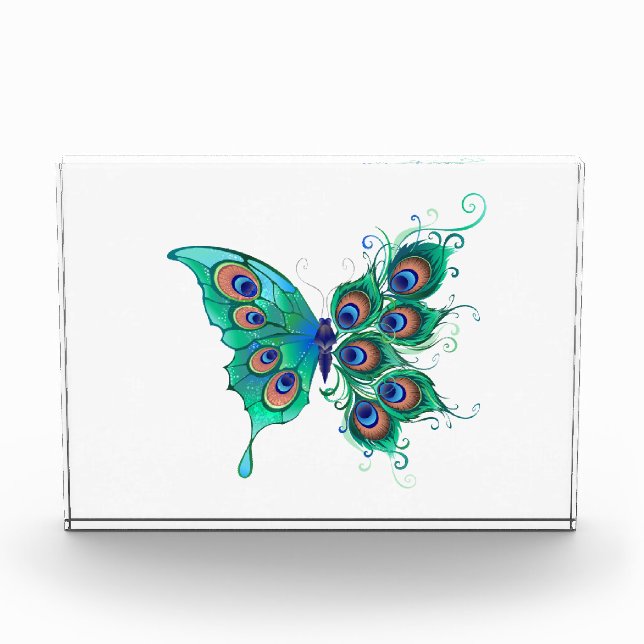 Bloc Photo Papillon aux plumes de paon vert (Devant)