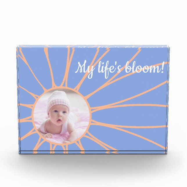 Bloc Photo Peach Daisy Flower on Rock Blue, Baby Photo Block (Devant)