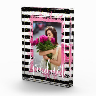 Bloc Photo Pink Faux Foil sur Black White Stripes Gradué