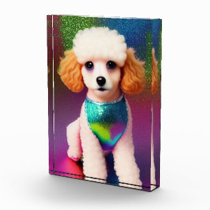 Bloc Photo Poodle blanc avec oreilles de crème sur arc-en-cie