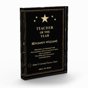 Bloc Photo Professeur de l'année Gold Stars Logo Personnalise