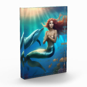 Bloc Photo Sirène Angélique Nageant Avec Dauphins,