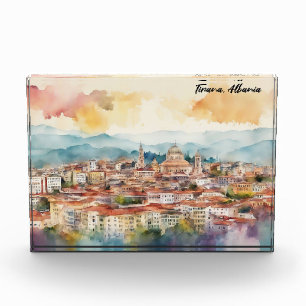 Bloc Photo Tirana Albanie Peinture Aquarelle Vue panoramique