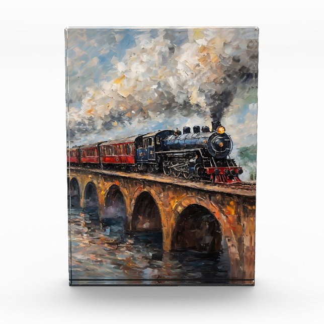 Bloc Photo Train à vapeur sur un pont - Peinture à l'huile (Devant)