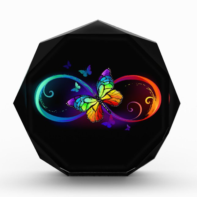 Bloc Photo Vibrant infinity with rainbow butterfly on black (Devant)