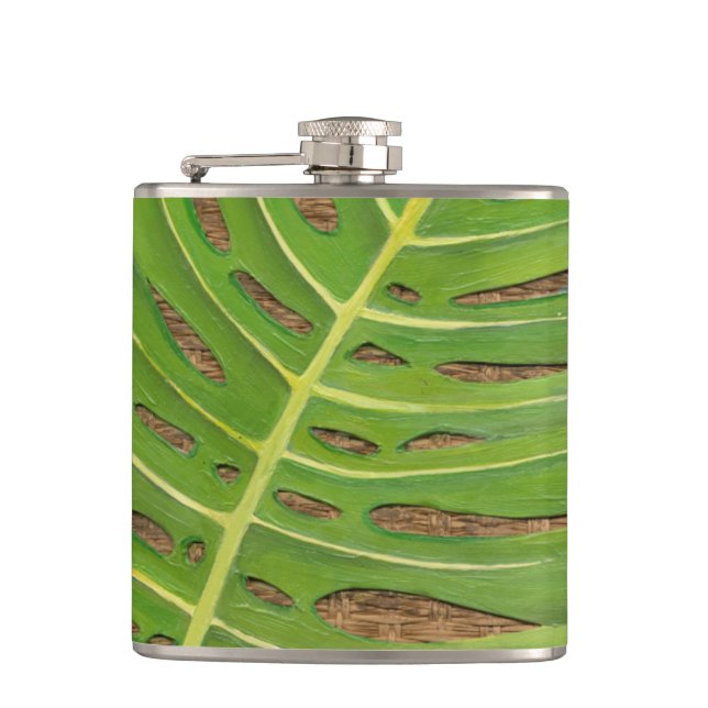 Block-Druck-Palme auf Weidenhintergrund Flachmann (Vorderseite)