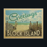 Block Island Beach Vintage Travel Postkarte<br><div class="desc">This Greetings From Block Island vintage postcard design features a sandy beach with a beautiful turquoise ocean water and above the sea,  a blue sky with billowy white clouds. In vintage travels style.</div>