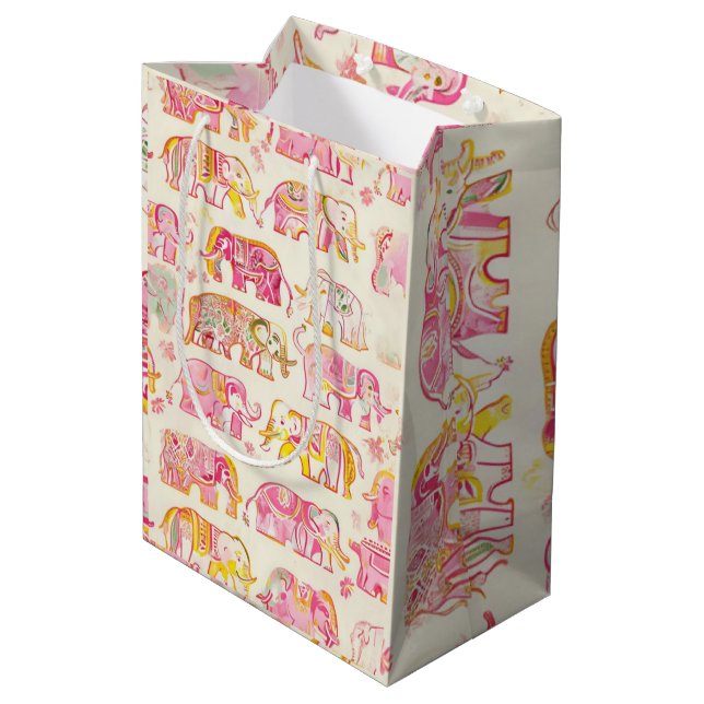 Block Print Elephant Paper Geschenktasche - Rustik Mittlere Geschenktüte (Rückseite Schrägansicht)