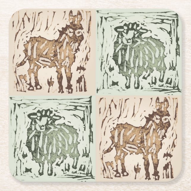 Block Print Sheep Donkey Quilt - farm animals. Rechteckiger Pappuntersetzer (Vorderseite)