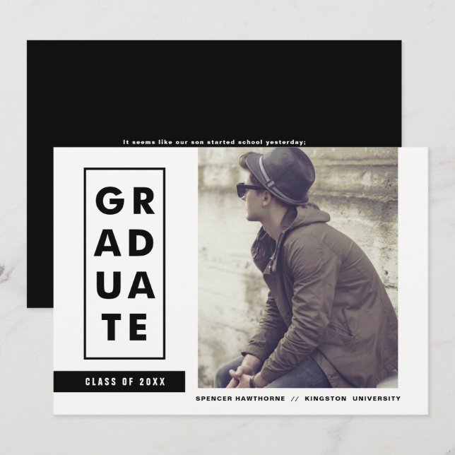 Block Typografy Stripes Foto Graduation Party Einladung (Vorne/Hinten)